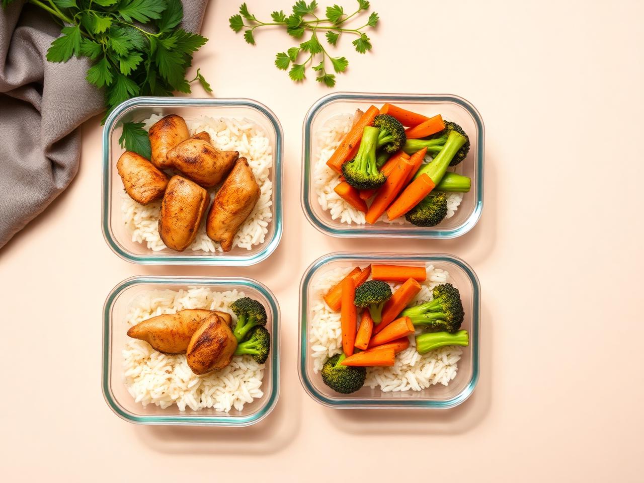 Marmitas prontas com arroz, frango grelhado e legumes